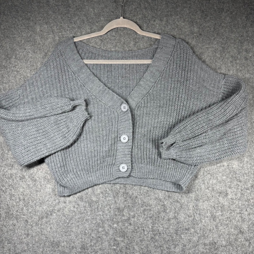 Unbranded Grey Chunky Ribbed Knit Cropped Cardigan‎ Balloon Sleeve Sweater